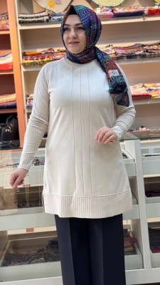 Kolları Ve Önü Çizgi Detaylı Triko Tunik Krem/3189 - Thumbnail