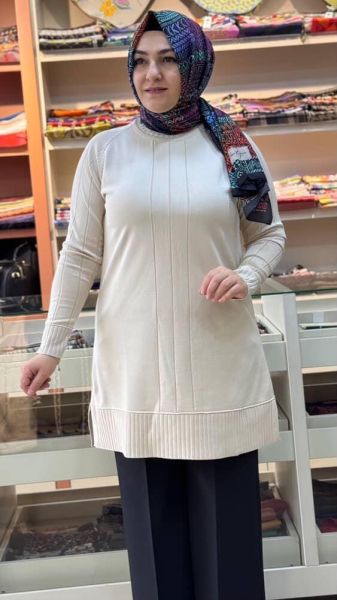 Kolları Ve Önü Çizgi Detaylı Triko Tunik Krem/3189