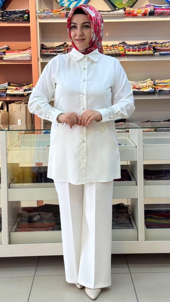 Gaze - Kolları Zımba ve Taş Detaylı Tunik Ekru/3032