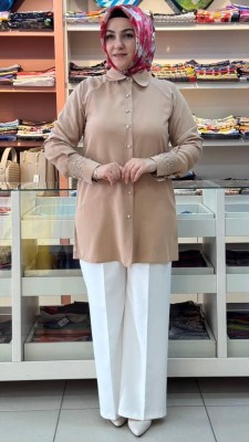 Gaze - Kolları Zımba ve Taş Detaylı Tunik Camel/3032