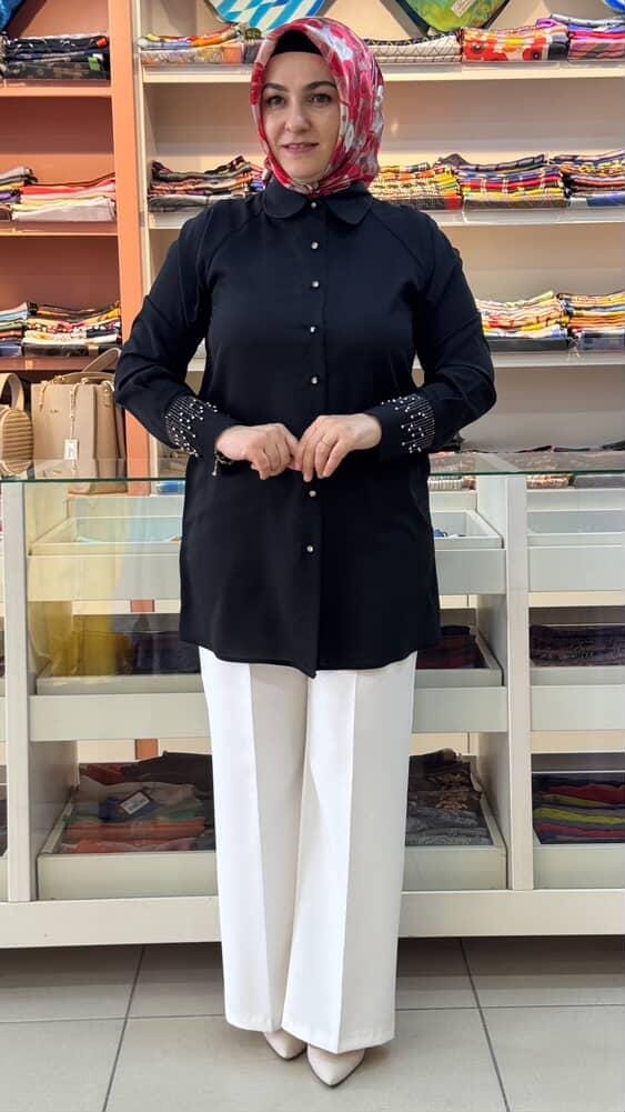 Gaze - Kolları Zımba ve Taş Detaylı Tunik Siyah/3032