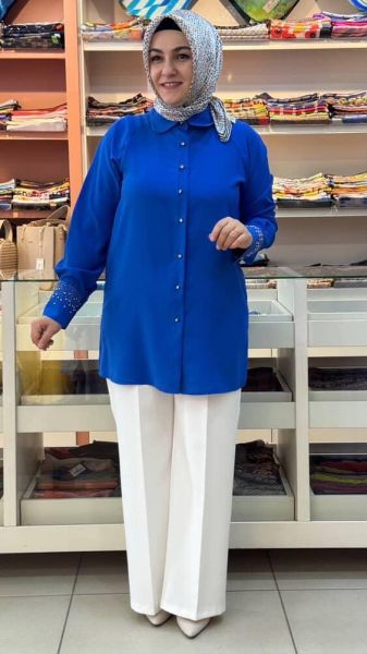 Kolları Zımba ve Taş Detaylı Tunik Saks/3032