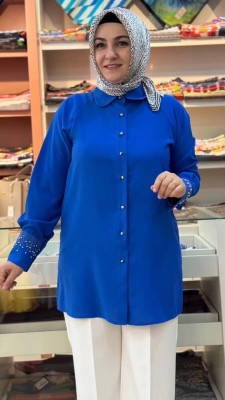 Kolları Zımba ve Taş Detaylı Tunik Saks/3032 - Thumbnail