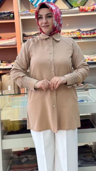 Kolları Zımba ve Taş Detaylı Tunik Camel/3032