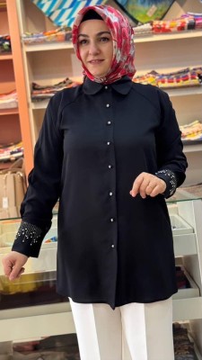 Kolları Zımba ve Taş Detaylı Tunik Siyah/3032 - Thumbnail