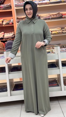 Kolu Çizgili Elbise Haki/12652 - Thumbnail