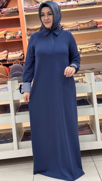 Kolu Çizgili Elbise Lacivert/12652