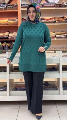 inza moda - Kolu Düğme Detaylı Dama Desen Triko Tunik Zümrüt/1021