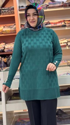 Kolu Düğme Detaylı Dama Desen Triko Tunik Zümrüt/1021 - Thumbnail