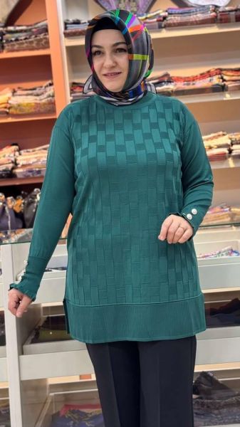 Kolu Düğme Detaylı Dama Desen Triko Tunik Zümrüt/1021