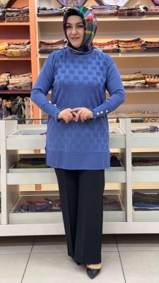 inza moda - Kolu Düğme Detaylı Dama Desen Triko Tunik Mavi/1021