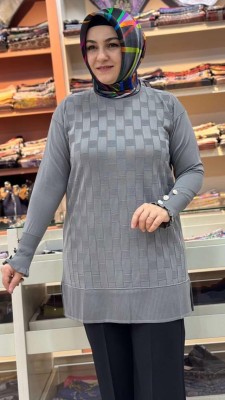 Kolu Düğme Detaylı Dama Desen Triko Tunik Gri/1021 - Thumbnail