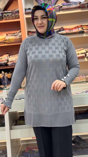 Kolu Düğme Detaylı Dama Desen Triko Tunik Gri/1021