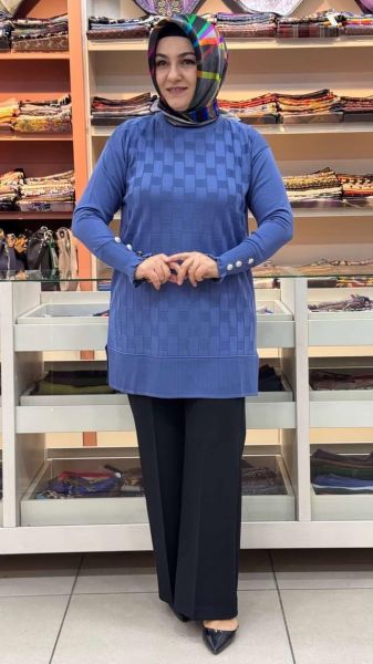 Kolu Düğme Detaylı Dama Desen Triko Tunik Mavi/1021