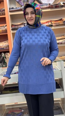 Kolu Düğme Detaylı Dama Desen Triko Tunik Mavi/1021 - Thumbnail