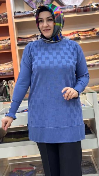 Kolu Düğme Detaylı Dama Desen Triko Tunik Mavi/1021