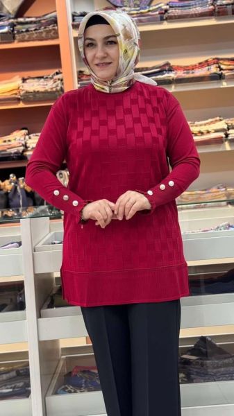 Kolu Düğme Detaylı Dama Desen Triko Tunik Kırmızı/1021