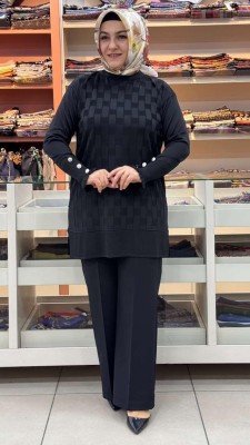 inza moda - Kolu Düğme Detaylı Dama Desen Triko Tunik Siyah/1021