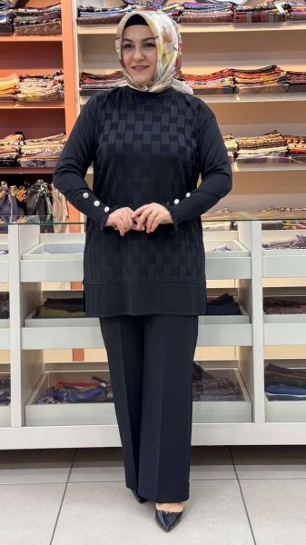 Kolu Düğme Detaylı Dama Desen Triko Tunik Siyah/1021