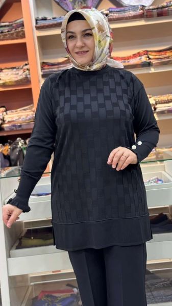 Kolu Düğme Detaylı Dama Desen Triko Tunik Siyah/1021