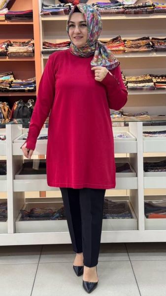 Kolu Düğmeli Omzu Desenli Merserize Triko Tunik Kırmızı/1801