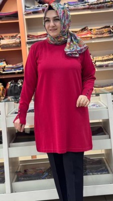 Kolu Düğmeli Omzu Desenli Merserize Triko Tunik Kırmızı/1801 - Thumbnail