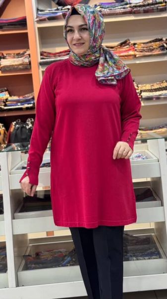 Kolu Düğmeli Omzu Desenli Merserize Triko Tunik Kırmızı/1801