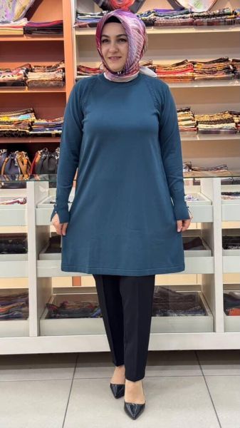 Kolu Düğmeli Omzu Desenli Merserize Triko Tunik Nefti/1801