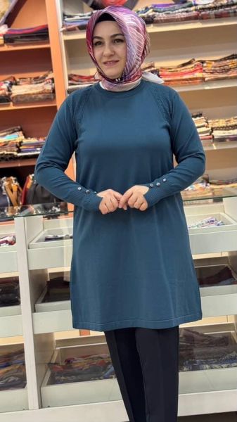 Kolu Düğmeli Omzu Desenli Merserize Triko Tunik Nefti/1801