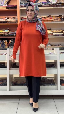  - Kolu Düğmeli Omzu Desenli Merserize Triko Tunik Turuncu/1801