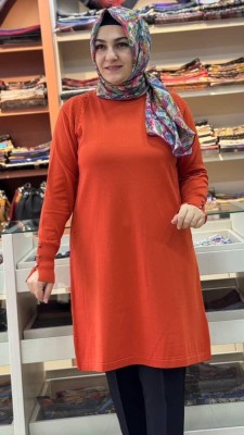 Kolu Düğmeli Omzu Desenli Merserize Triko Tunik Turuncu/1801 - Thumbnail