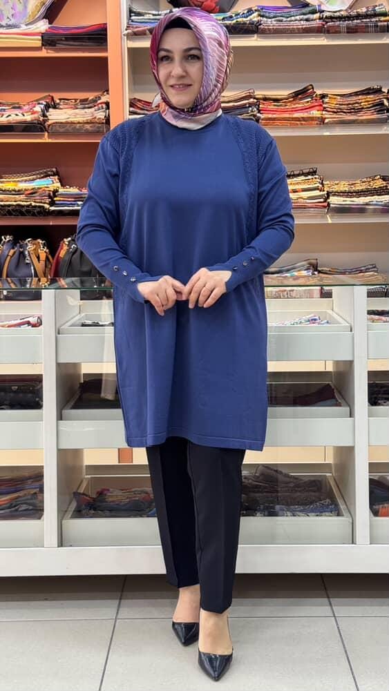  - Kolu Düğmeli Omzu Desenli Merserize Triko Tunik İndigo/1801