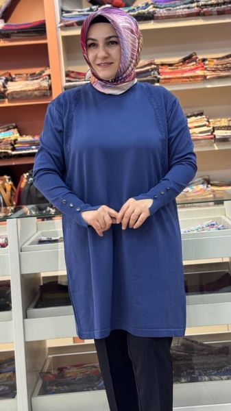 Kolu Düğmeli Omzu Desenli Merserize Triko Tunik İndigo/1801