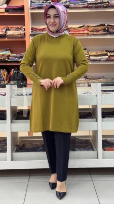  - Kolu Düğmeli Omzu Desenli Merserize Triko Tunik Hardal/1801