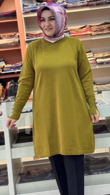 Kolu Düğmeli Omzu Desenli Merserize Triko Tunik Hardal/1801 - Thumbnail