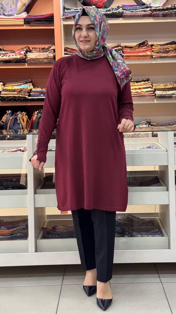  - Kolu Düğmeli Omzu Desenli Merserize Triko Tunik Bordo/1801