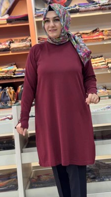 Kolu Düğmeli Omzu Desenli Merserize Triko Tunik Bordo/1801 - Thumbnail