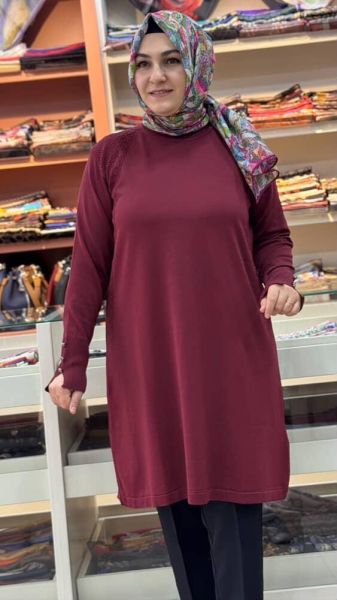 Kolu Düğmeli Omzu Desenli Merserize Triko Tunik Bordo/1801