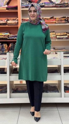  - Kolu Düğmeli Omzu Desenli Merserize Triko Tunik Zümrüt/1801