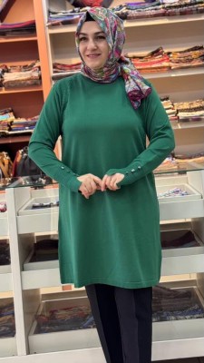 Kolu Düğmeli Omzu Desenli Merserize Triko Tunik Zümrüt/1801 - Thumbnail
