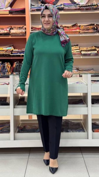 Kolu Düğmeli Omzu Desenli Merserize Triko Tunik Zümrüt/1801