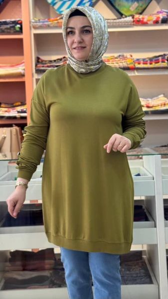Kolu Düğmeli Sweat Tunik Yağ Yeşili/251487