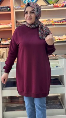 Kolu Düğmeli Sweat Tunik Bordo/251487 - Thumbnail