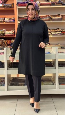  - Kolu Fermuarlı Merserize Triko Tunik Siyah/1818