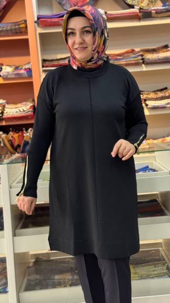Kolu Fermuarlı Merserize Triko Tunik Siyah/1818