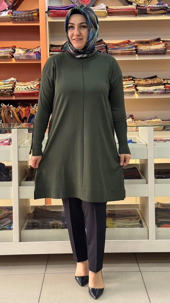  - Kolu Fermuarlı Merserize Triko Tunik Haki/1818