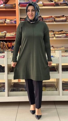  - Kolu Fermuarlı Merserize Triko Tunik Haki/1818