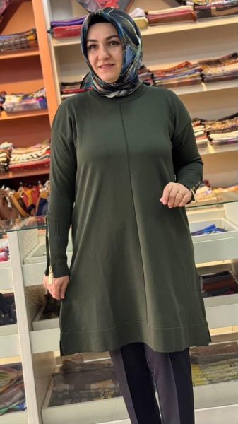 Kolu Fermuarlı Merserize Triko Tunik Haki/1818