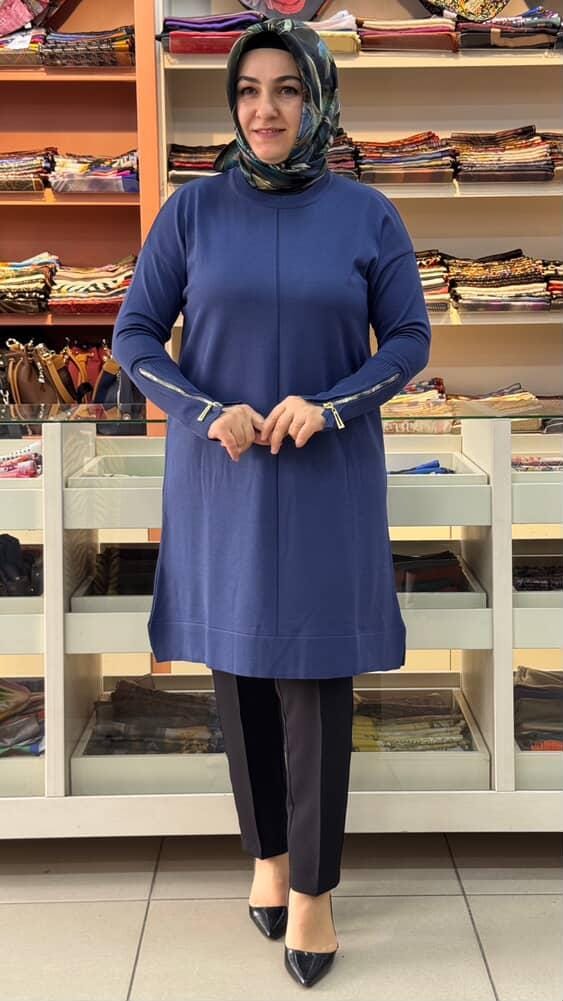  - Kolu Fermuarlı Merserize Triko Tunik İndigo/1818