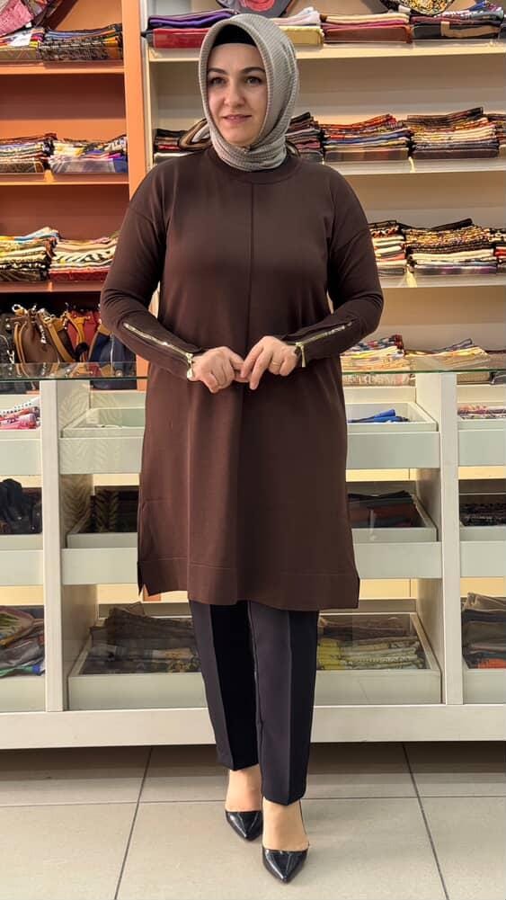  - Kolu Fermuarlı Merserize Triko Tunik Kahve/1818